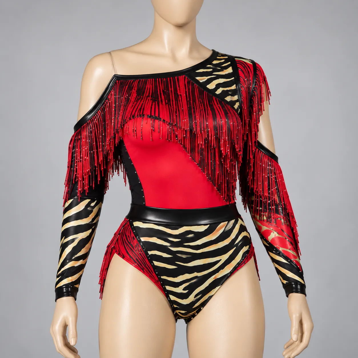 Red Black Zebra Fringe Dance Costume | Performance & Cheer Outfit HR#102 3 Red Black Zebra Fringe Dance Costume | Performance & Cheer Outfit HR#102 - Image 3