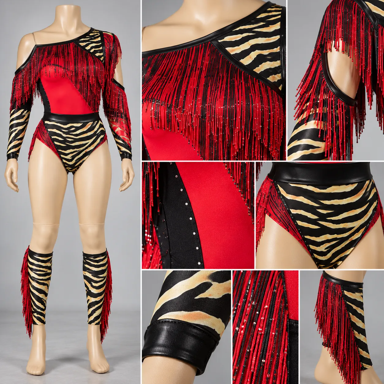 Red Black Zebra Fringe Dance Costume | Performance & Cheer Outfit HR#102 4 Red Black Zebra Fringe Dance Costume | Performance & Cheer Outfit HR#102 - Image 4