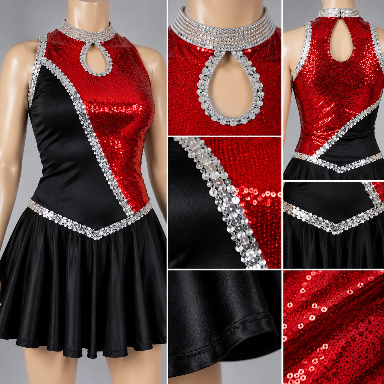 Red & Black Sequin Dance Dress | Performance, Cheer & Majorette Costume HR#101 4 Red & Black Sequin Dance Dress | Performance, Cheer & Majorette Costume HR#101 - Image 4