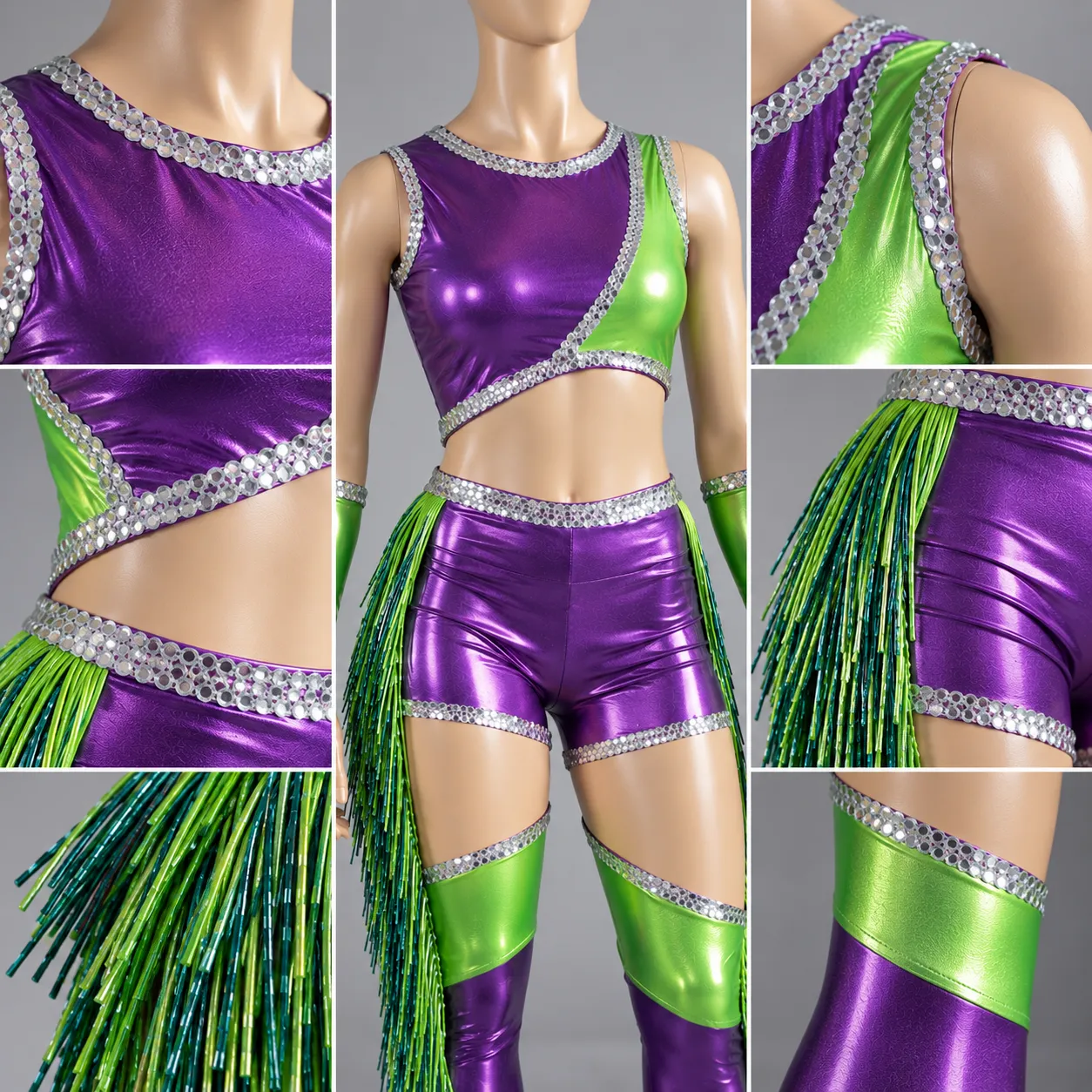 Purple & Green Metallic Dance Costume | Fringe Performance & Cheer Outfit. 4 Purple & Green Metallic Dance Costume | Fringe Performance & Cheer Outfit. - Image 4
