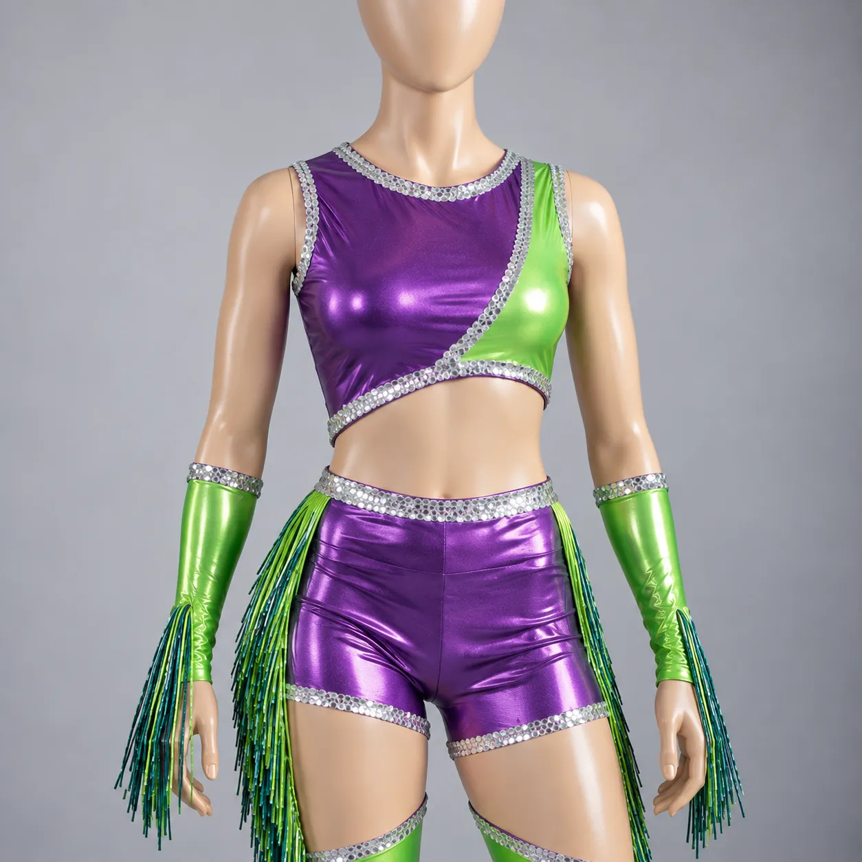 Purple & Green Metallic Dance Costume | Fringe Performance & Cheer Outfit. 3 Purple & Green Metallic Dance Costume | Fringe Performance & Cheer Outfit. - Image 3