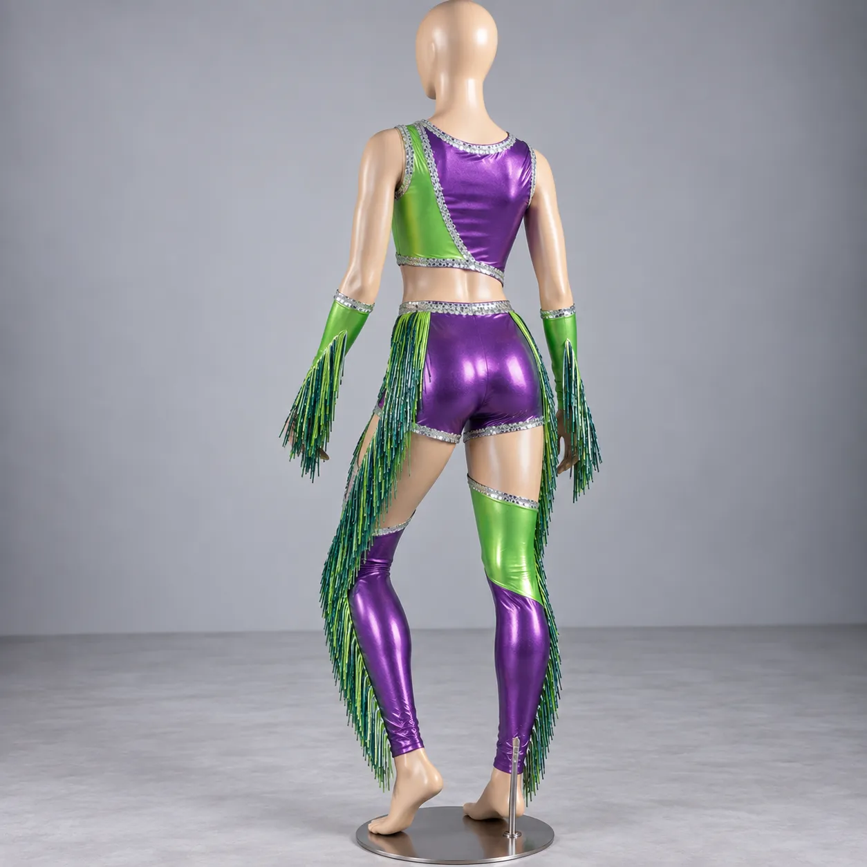 Purple & Green Metallic Dance Costume | Fringe Performance & Cheer Outfit. 2 Purple & Green Metallic Dance Costume | Fringe Performance & Cheer Outfit. - Image 2