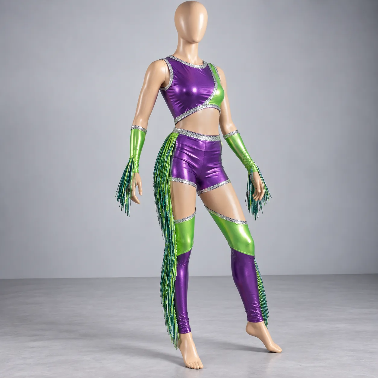 Purple & Green Metallic Dance Costume | Fringe Performance & Cheer Outfit. 1 Purple & Green Metallic Dance Costume | Fringe Performance & Cheer Outfit.