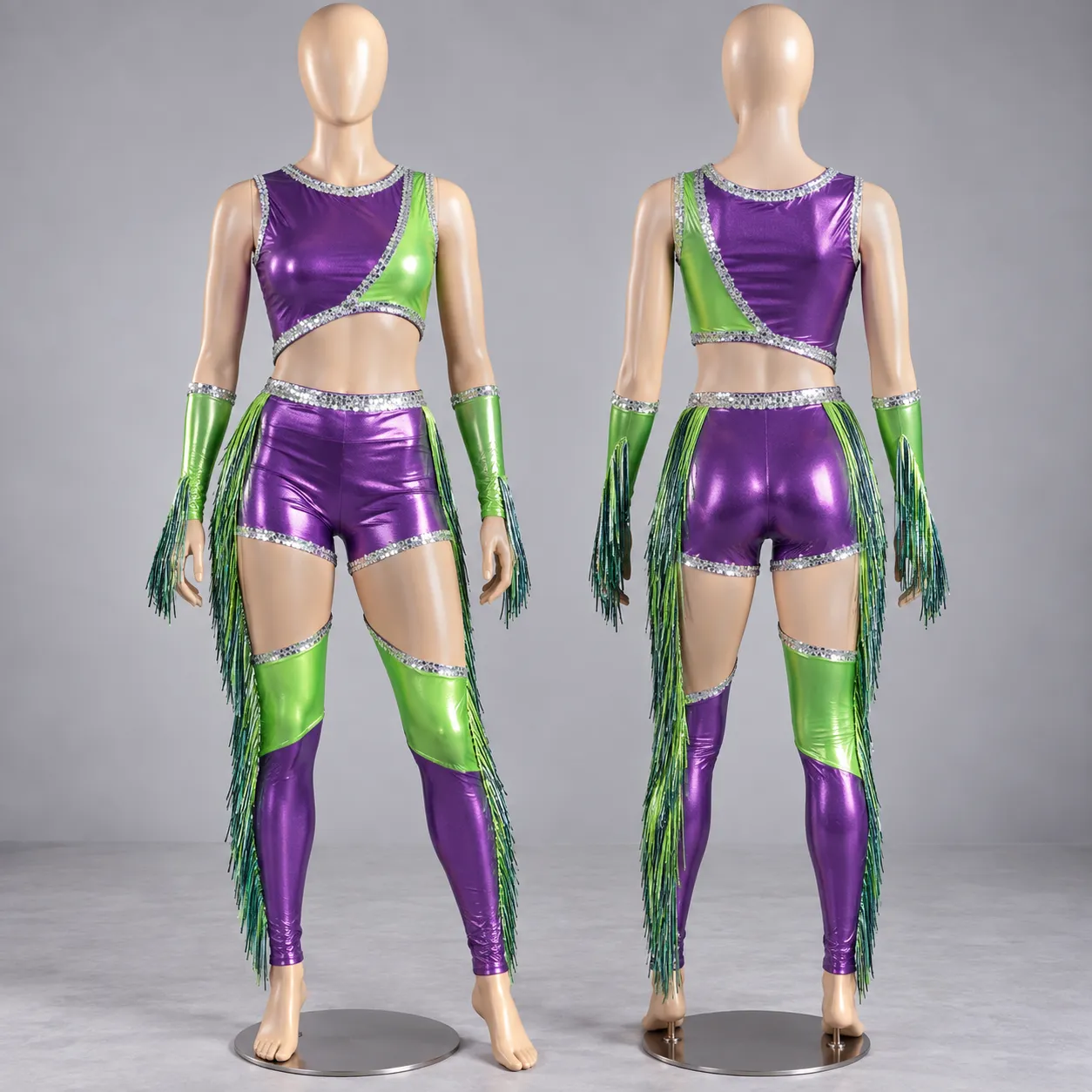 Purple & Green Metallic Dance Costume | Fringe Performance & Cheer Outfit. 5 Purple & Green Metallic Dance Costume | Fringe Performance & Cheer Outfit. - Image 5