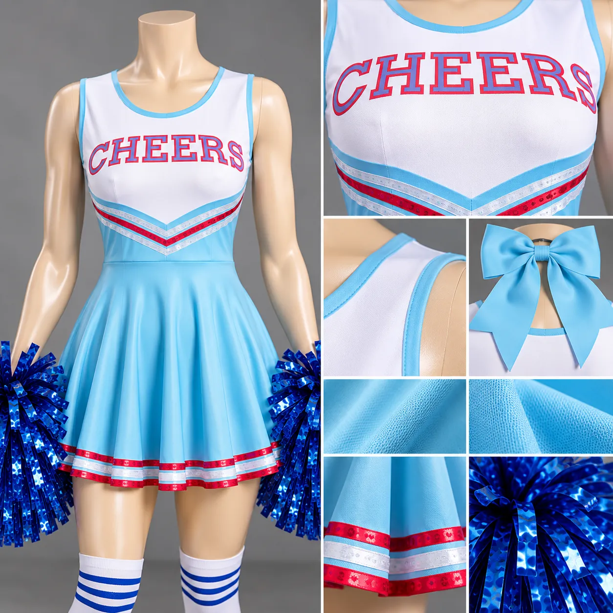 Sky Blue Cheerleading Dress with Pom Poms | Custom Cheer Uniform 4 Sky Blue Cheerleading Dress with Pom Poms | Custom Cheer Uniform - Image 4