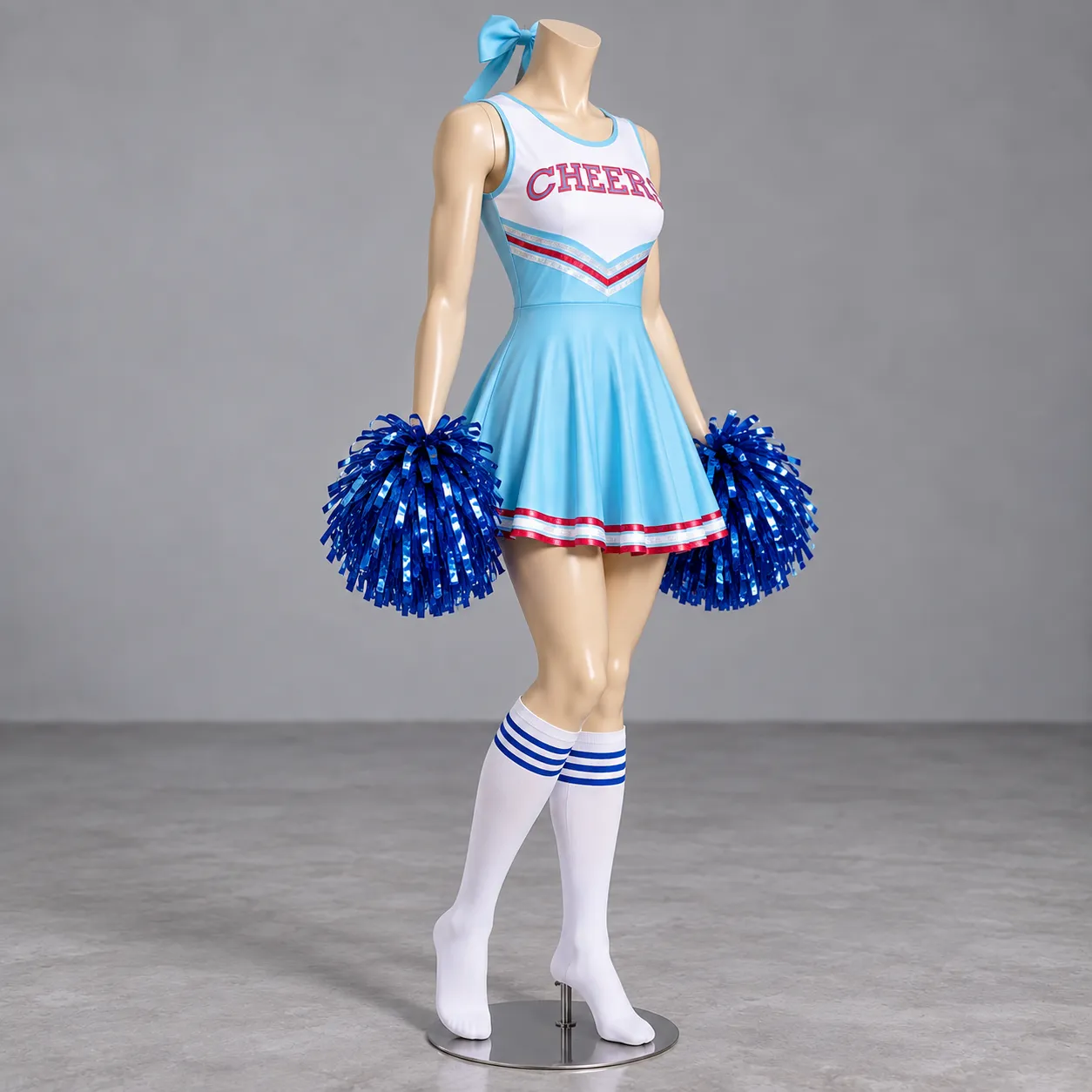 Sky Blue Cheerleading Dress with Pom Poms | Custom Cheer Uniform 1 Sky Blue Cheerleading Dress with Pom Poms | Custom Cheer Uniform